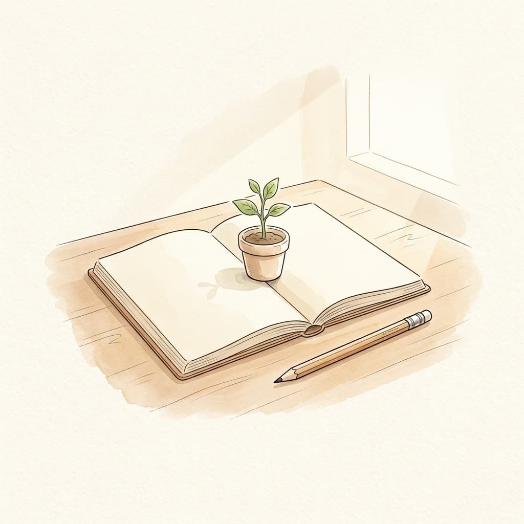 An open journal with a growing seedling